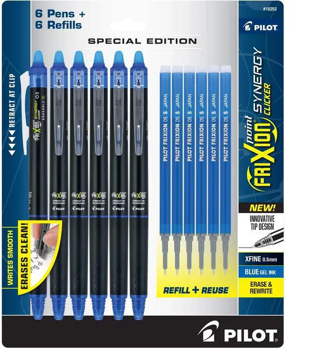 Main image of Pilot FriXion Synergy Clicker Erasable, Refillable, Retractable Gel Ink Pens, Extra Fine Point 0.5 mm, Pack of 12, Blue, FriXion Erasable Pens 0.5 - Ideal for School & Office Writing
