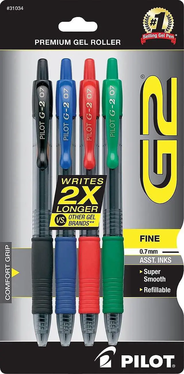 Alt view image 3 of 3 - Pilot G2 Retractable Premium Gel Ink Roller Ball Pens, Fine Point, 4-Pack, Assorted Colors, Black/Blue/Red/Green