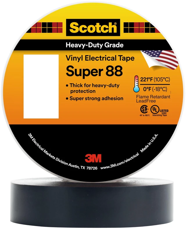Main image of 3M Scotch Vinyl Electrical Tape Super 88, 1-1/2 in x 44 ft, Black, 1 Roll, Premium Grade, Rubber Resin Adhesive, PVC Backing, All-Season Heavy Duty Electric Tape