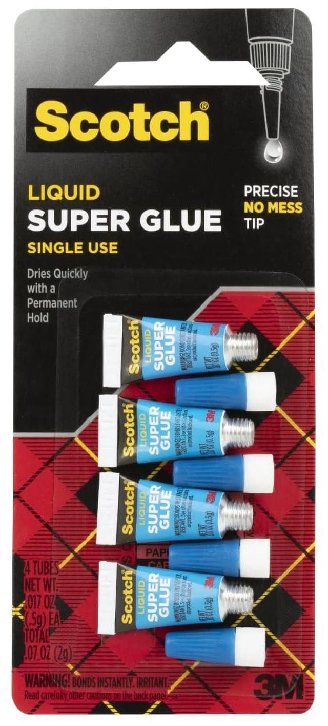 Main image of Scotch Super Glue Liquid, 4-Pack of Single-Use Tubes, .017 oz Each | Fast Drying Liquid Formula