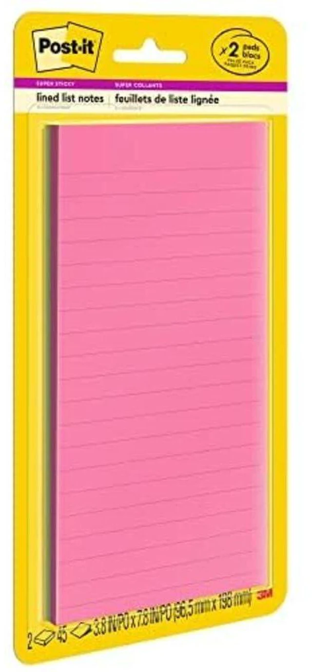 Main image of Post-it Super Sticky Notes, 3 in. x 8 in., Energy Boost Collection 2 Pads/Pack, 45 Sheets/Pad Lined, Recyclable, Assorted Colors