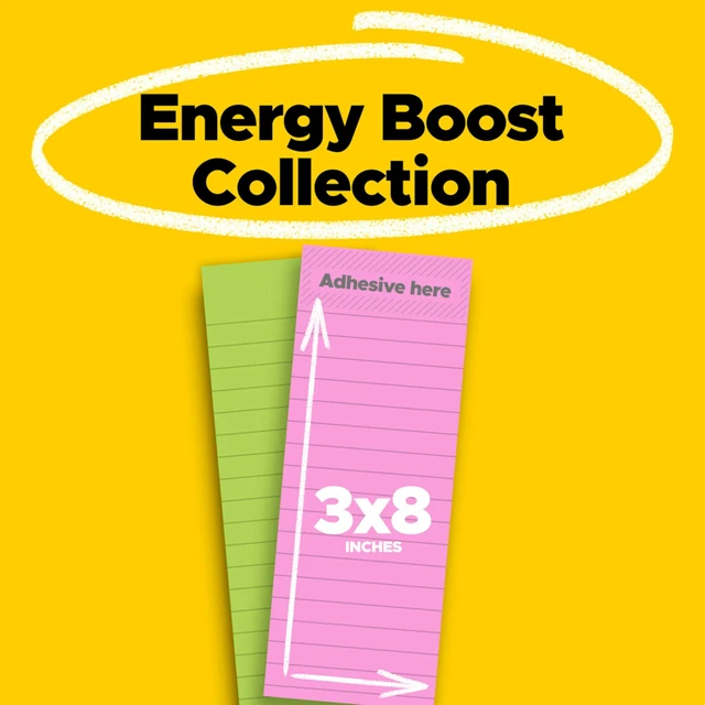 Alt view image 2 of 7 - Post-it Super Sticky Notes, 3 in. x 8 in., Energy Boost Collection 2 Pads/Pack, 45 Sheets/Pad Lined, Recyclable, Assorted Colors