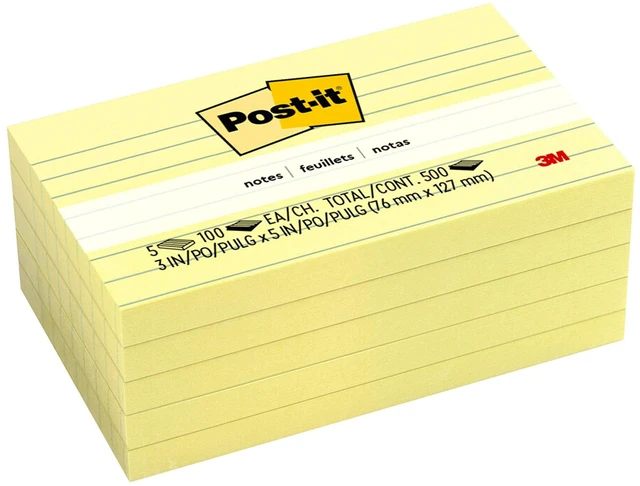 Main image of Post-it Notes, 3 in x 5 in, 5 Lined Sticky Notes Pads, 100 Sheets per Pad, Canary Yellow, The Original Post-it Note, School Supplies and Oce Products