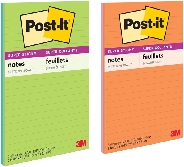 Main image of Post-it Super Sticky Notes, 5 x 8 in, Neon Fizz, 2 Lined Pads | School Supplies and Oce Supplies, 2X the Sticking Power