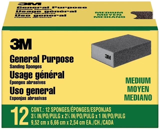 Main image of 3M Sanding Sponge Block, 12-Pack, Medium Grits, 3-3/4 in x 2-5/8 in | Designed For Sanding Wood Paint Metal Plastic or Drywall Features 3M Abrasive Made with Durable Flexible Foam (CP002-12P)