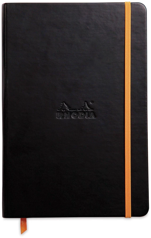 Main image of RHODIA 118742C - Black Rigid Notebook - A5 - Lined - 192 pages - Ivory Clairefontaine Paper 90 g/m - Bookmark, Elastic Closure - Faux Leather Cover - Rhodiarama Collection