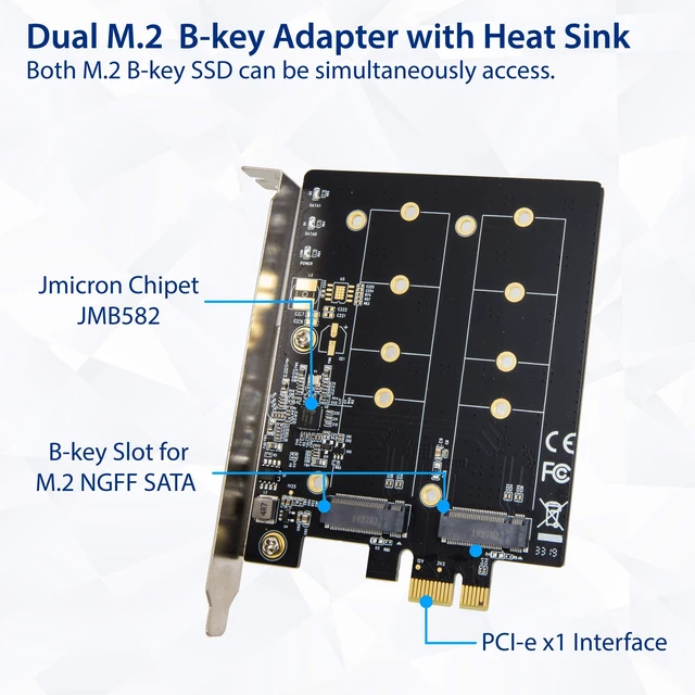 Alt view image 2 of 6 - IO CREST Dual M.2 B-Key SATA SSD Converter PCI Express 3.0 x1 Expansion Card Heat Sink Jmicron JMB582 Chipset SI-PEX40153