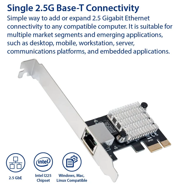 Alt view image 2 of 6 - IO CREST 2.5 Gigabit Ethernet PCI Express PCI-E Network Interface Card 10/100/1000/25000 Mbps RJ45 LAN Intel I225 Chipset, Black (SY-PEX24076)