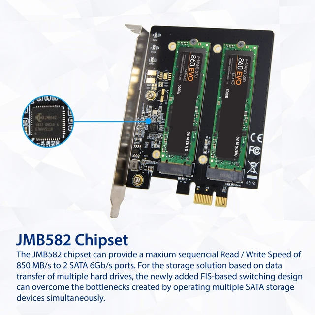 Alt view image 6 of 6 - IO CREST Dual M.2 B-Key SATA SSD Converter PCI Express 3.0 x1 Expansion Card Heat Sink Jmicron JMB582 Chipset SI-PEX40153