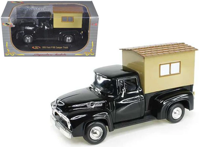 Main image of Signature Models 32395BK 1956 Ford F-100 Pickup Truck Black with Camper 1-32 Diecast Model Car