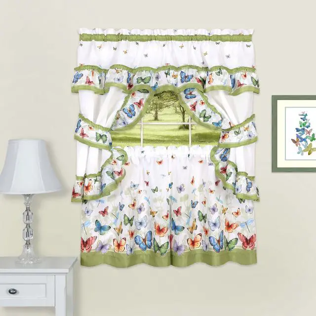 Alt view image 2 of 3 - Butterflies 3-Piece Printed Cottage Kitchen Curtain Set, Green, 57x36 Inches
