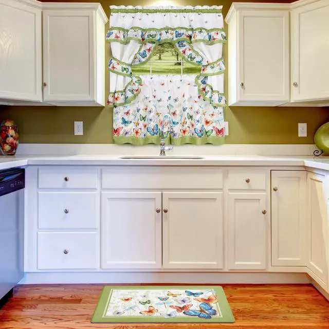 Alt view image 3 of 3 - Butterflies 3-Piece Printed Cottage Kitchen Curtain Set, Green, 57x36 Inches