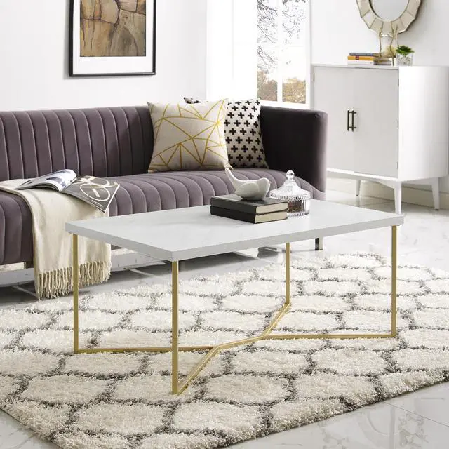 Alt view image 3 of 8 - 42" Mid Century Modern Transitional Y-Leg Coffee Table - White Faux Marble/Gold