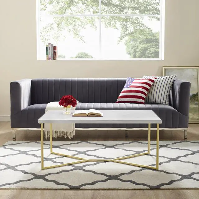 Alt view image 4 of 8 - 42" Mid Century Modern Transitional Y-Leg Coffee Table - White Faux Marble/Gold
