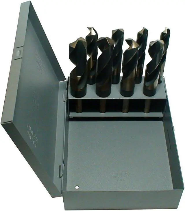 Main image of Drill America KFD1008-SET KFD 8 Piece High-Speed Steel Silver and Deming Drill Bit Set in Metal Case, Black/Gold Oxide Finish, 1/2" Round Shank, Spiral Flute, 135 Degrees Split Point (Pack of 1)