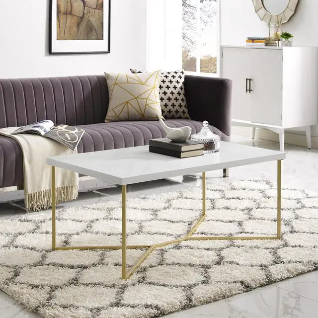 Alt view image 8 of 8 - 42" Mid Century Modern Transitional Y-Leg Coffee Table - White Faux Marble/Gold