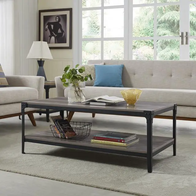 Alt view image 2 of 5 - Walker Edison Angle Iron Rustic Wood Coffee Table - Grey Wash