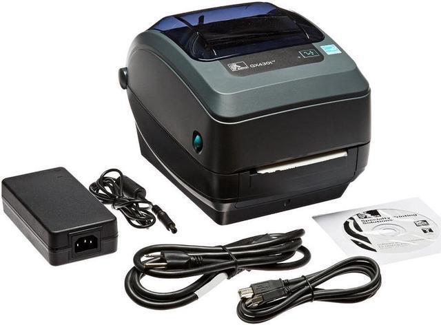 zebra gx430t thermal transfer desktop printer for labels, receipts, barcodes,  tags, and wrist bands print width of in usb, serial, and parallel port  connectivity
