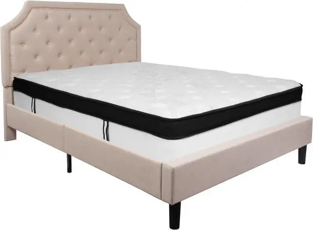 Alt view image 12 of 18 - Brighton Queen Size Tufted Upholstered Platform Bed in Beige Fabric with Memory Foam Mattress