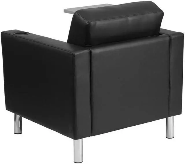 Alt view image 20 of 20 - Black Leather Guest Chair with Tablet Arm, Tall Chrome Legs and Cup Holder