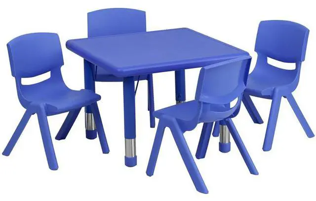 Alt view image 10 of 16 - 24'' Square Blue Plastic Height Adjustable Activity Table Set with 4 Chairs