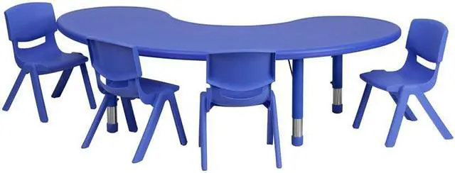 Alt view image 7 of 8 - 35''W x 65''L Half-Moon Blue Plastic Height Adjustable Activity Table Set with 4 Chairs