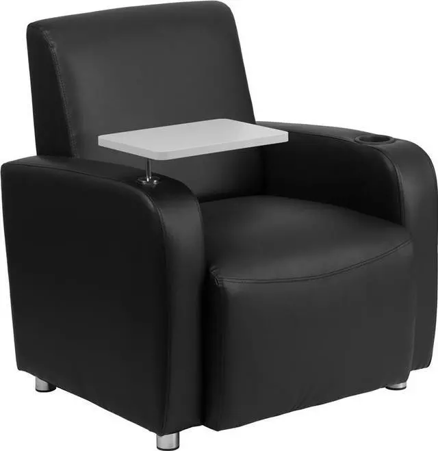 Alt view image 6 of 17 - Black Leather Guest Chair with Tablet Arm, Chrome Legs and Cup Holder
