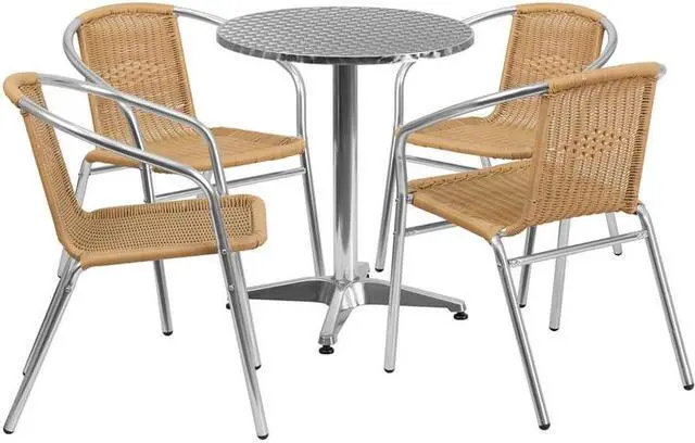 Alt view image 10 of 20 - 23.5'' Round Aluminum Indoor-Outdoor Table Set with 4 Beige Rattan Chairs