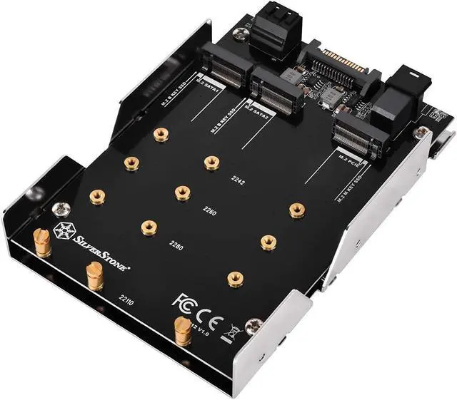 Main image of 3.5" device bay to two M.2 SATA & one M.2 NVMe SSD adapter with 2x SATA cable includes