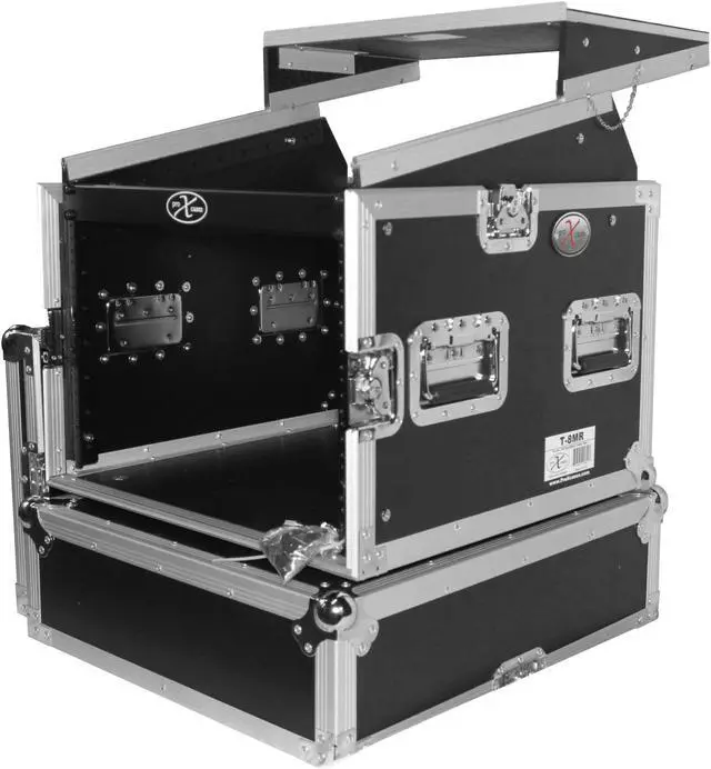 Alt view image 3 of 11 - prox cases t8mrlt 8 space 10u top load slant dj mixer road gig ready flight case combo rack w/gliding laptop shelf