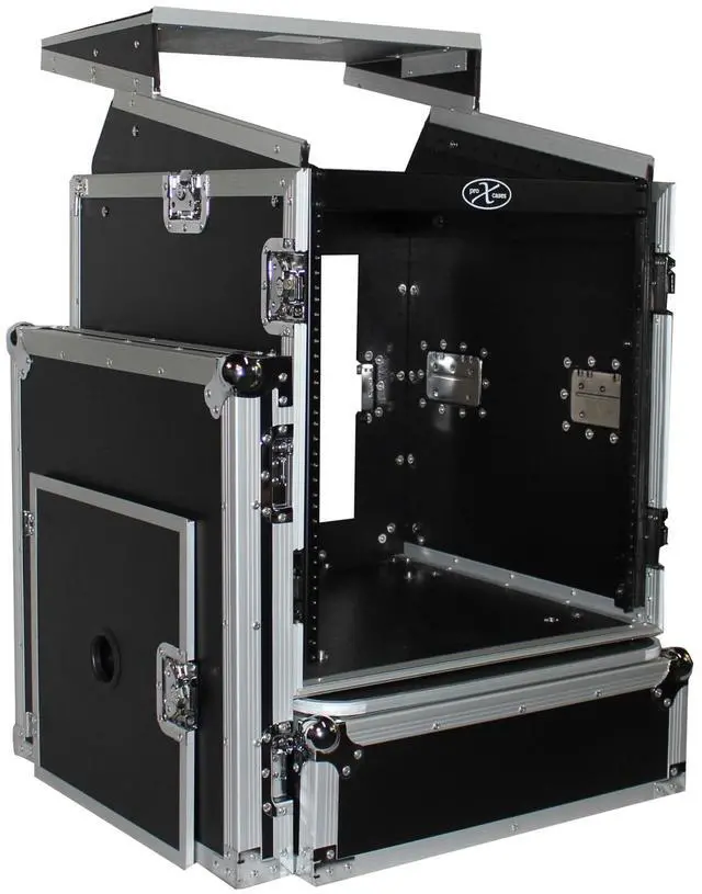 Alt view image 2 of 13 - prox cases t12mrlt 12 space 10u top load slant dj mixer  road gig ready flight combo rack w/gliding laptop shelf