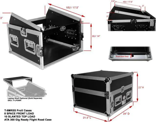 Alt view image 5 of 11 - prox cases t8mrlt 8 space 10u top load slant dj mixer road gig ready flight case combo rack w/gliding laptop shelf