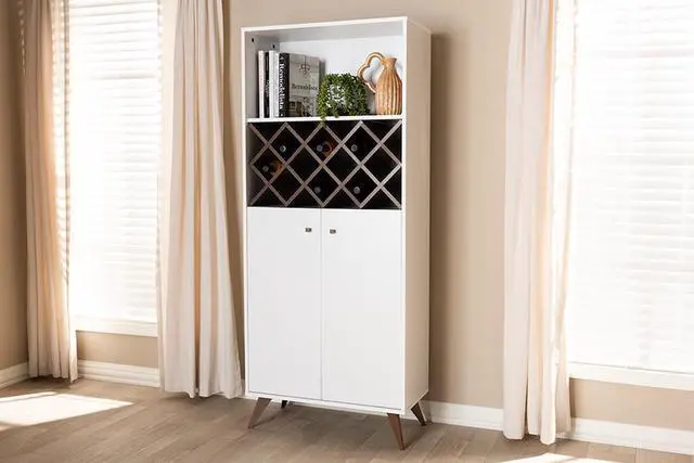Alt view image 8 of 20 - Baxton Studio Serafino Mid-Century Modern White and Walnut Finished Wood Wine Cabinet