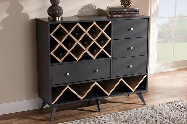 Alt view image 8 of 20 - Baxton Studio Savino Mid-Century Modern Dark Grey and Oak Finished Wood Wine Cabinet