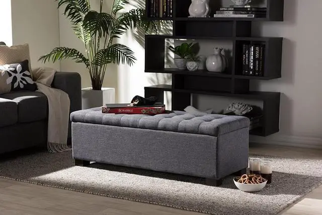 Alt view image 7 of 12 - Baxton Studio Roanoke Modern and Contemporary Dark Grey Fabric Upholstered Grid-Tufting Storage Ottoman Bench