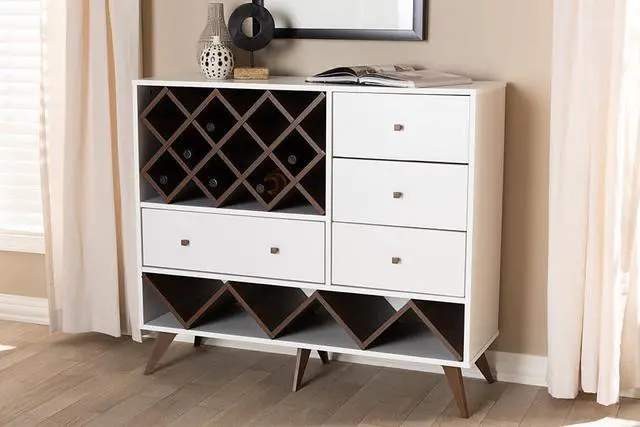 Alt view image 8 of 20 - Baxton Studio Savino Mid-Century Modern White and Walnut Finished Wood Wine Cabinet