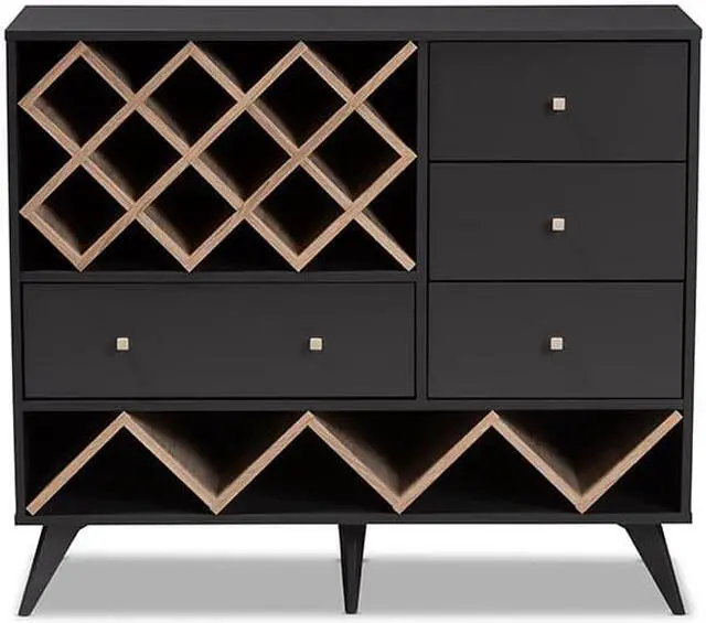 Alt view image 11 of 20 - Baxton Studio Savino Mid-Century Modern Dark Grey and Oak Finished Wood Wine Cabinet