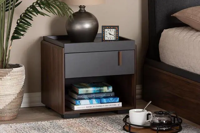 Alt view image 2 of 20 - Baxton Studio Rikke Modern and Contemporary Two-Tone Gray and Walnut Finished Wood 1-Drawer Nightstand
