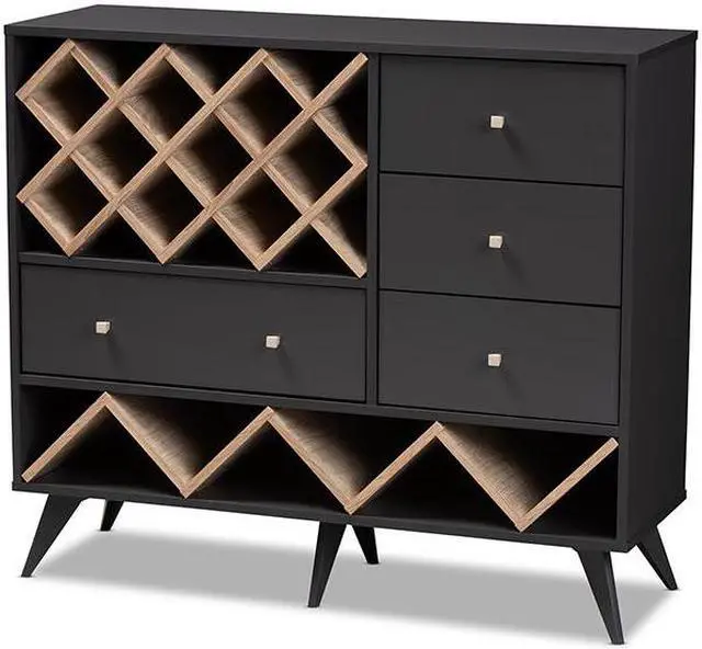Alt view image 9 of 20 - Baxton Studio Savino Mid-Century Modern Dark Grey and Oak Finished Wood Wine Cabinet
