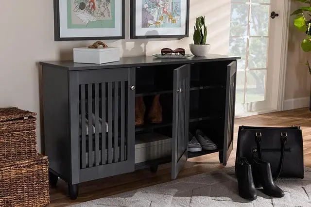Main image of Baxton Studio Fernanda Modern and Contemporary Dark Gray 3-Door Wooden Entryway Shoe Storage Wide Cabinet