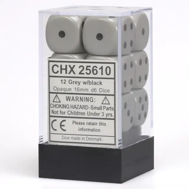 Alt view image 2 of 6 - Gray Opaque D6 Dice with Black Pips 16mm (5/8in) Pack of 12 Dice Chessex