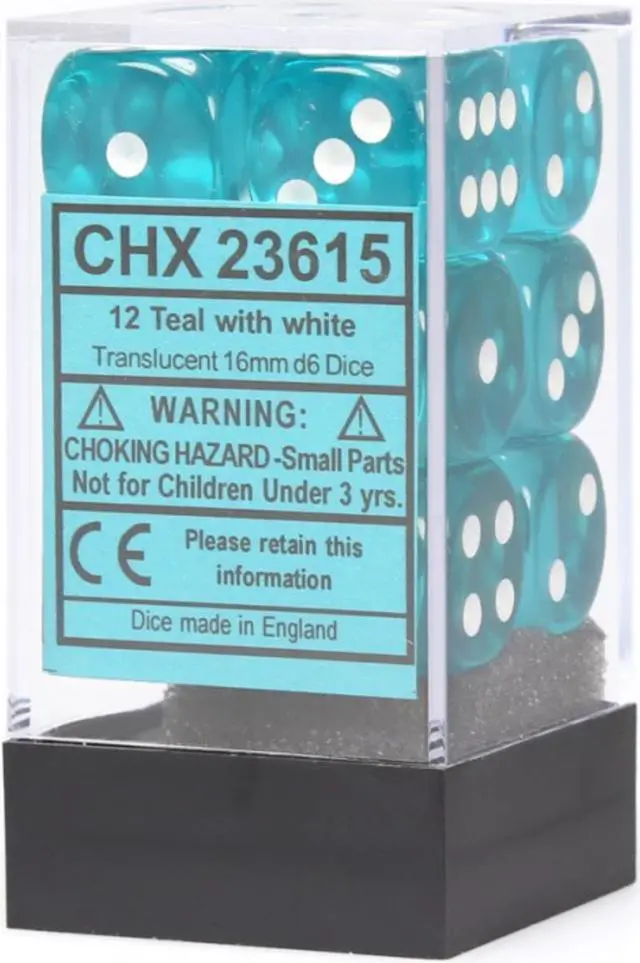 Alt view image 4 of 5 - 6 Sided Cube 16mm Translucent Teal & White Dots 12ct Standard Size Durable Chessex Manufacturing