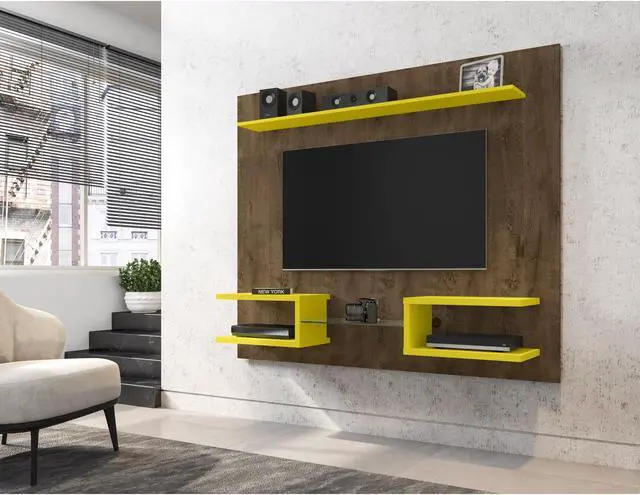 Alt view image 2 of 14 - Plaza 64.25 Floating Entertainment Center in Rustic Brown and Yellow