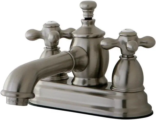 Alt view image 2 of 7 - Kingston Brass KS7008AX 4 in. Centerset Lavatory Faucet with Heritage Spout & Metal Cross Handle, Satin Nickel
