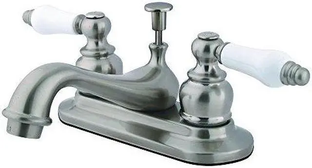 Alt view image 4 of 5 - TEAPOT FAUCET W/CERAMIC + OAK HANDLES ABS/BRASS POP-UP-Satin Nickel Finish