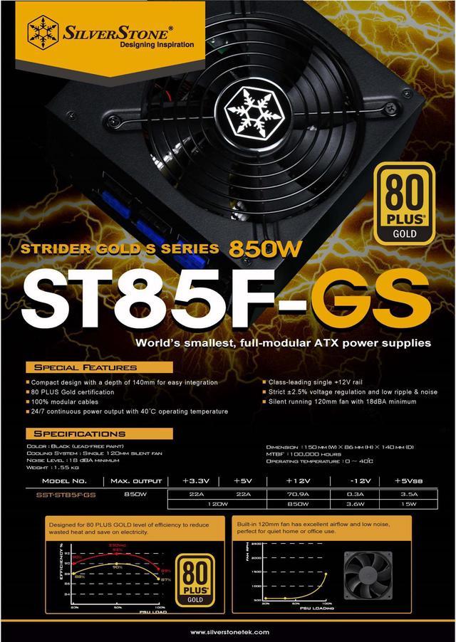 850W, ATX, single +12V rails with 70.9A output, Silent 120mmFan with 18dBA,  efficiency 80Plus Gold certification, fully modular cable, 140mm depth,