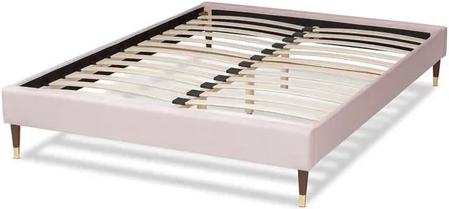 Alt view image 4 of 7 - Baxton Studio Volden Glam and Luxe Light Pink Velvet Fabric Upholstered Full Size Wood Platform Bed Frame with Gold-Tone Leg Tips