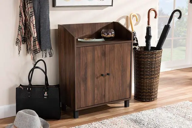 Alt view image 5 of 19 - Baxton Studio Rossin Modern and Contemporary Walnut Brown Finished 2-Door Wood Entryway Shoe Storage Cabinet with Open Shelf