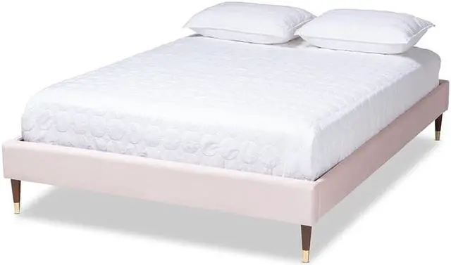 Main image of Baxton Studio Volden Glam and Luxe Light Pink Velvet Fabric Upholstered Full Size Wood Platform Bed Frame with Gold-Tone Leg Tips