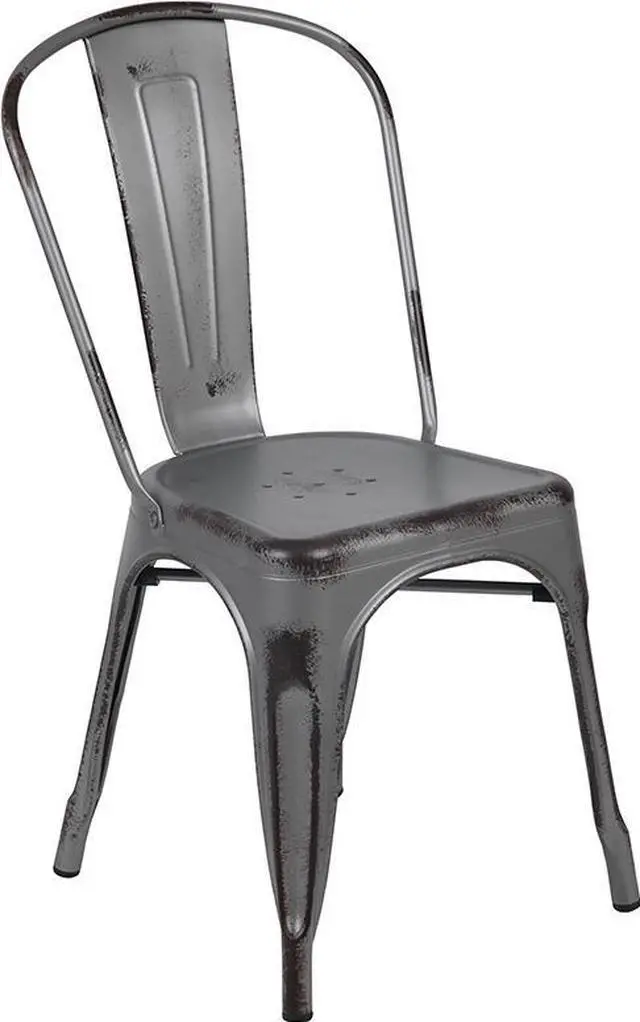 Alt view image 8 of 20 - Commercial Grade Distressed Silver Gray Metal Indoor-Outdoor Stackable Chair